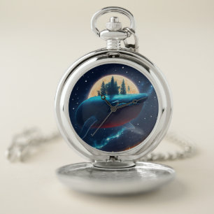 Flying Humpback Whale Moonlight Sea Starry Forests Pocket Watch