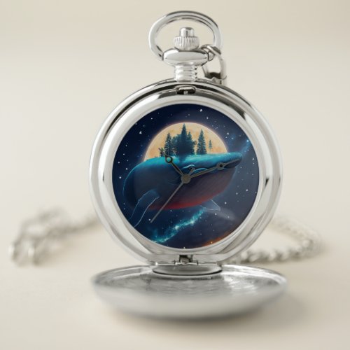 Flying Humpback Whale Moonlight Sea Starry Forests Pocket Watch