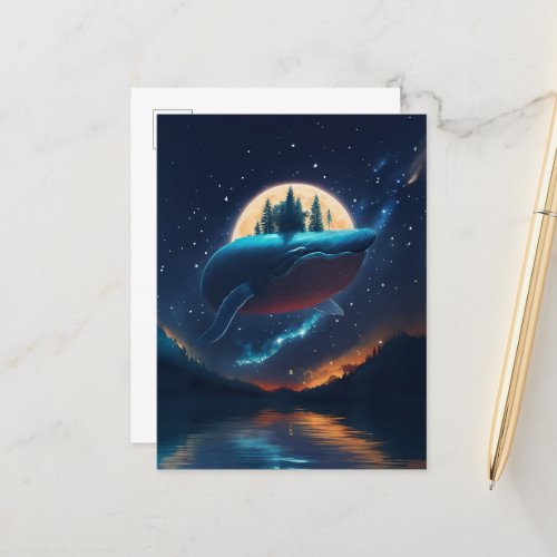 Flying Humpback Whale Moonlight Sea Starry Forests Postcard