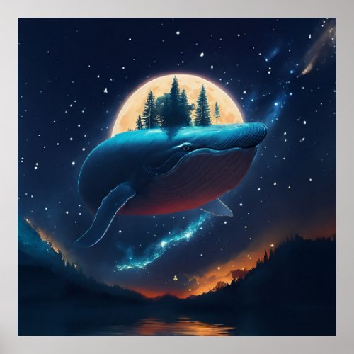 Flying Humpback Whale Moonlight Sea Starry Forests Poster