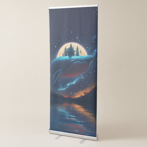 Flying Humpback Whale Moonlight Sea Starry Forests Retractable Banner