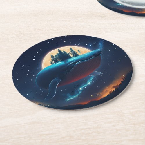 Flying Humpback Whale Moonlight Sea Starry Forests Round Paper Coaster