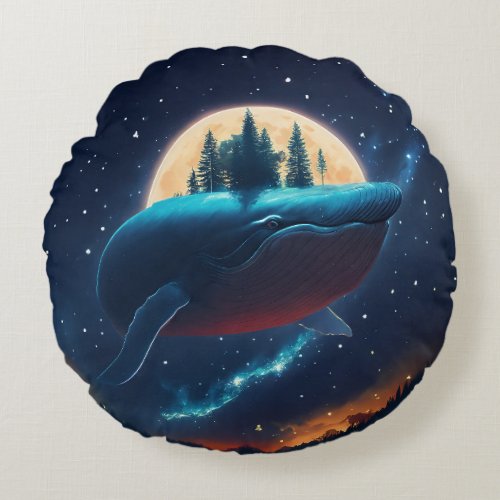 Flying Humpback Whale Moonlight Sea Starry Forests Round Pillow