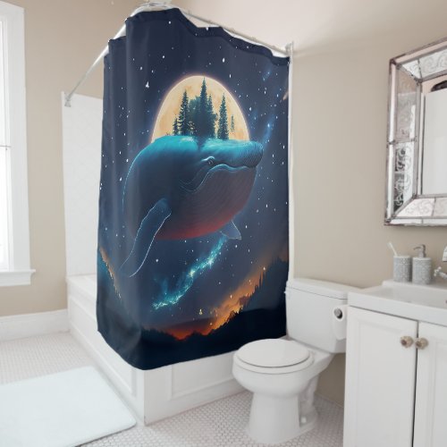 Flying Humpback Whale Moonlight Sea Starry Forests Shower Curtain