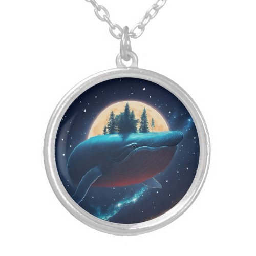 Flying Humpback Whale Moonlight Sea Starry Forests Silver Plated Necklace