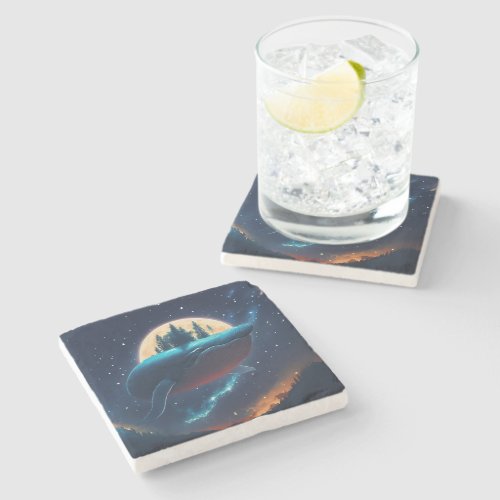 Flying Humpback Whale Moonlight Sea Starry Forests Stone Coaster