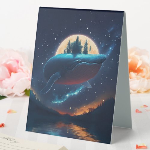 Flying Humpback Whale Moonlight Sea Starry Forests Table Tent Sign