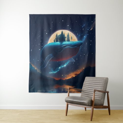 Flying Humpback Whale Moonlight Sea Starry Forests Tapestry