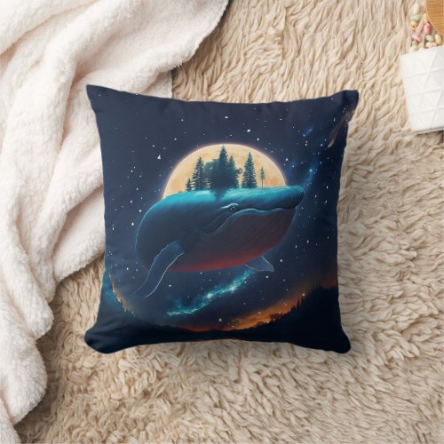Flying Humpback Whale Moonlight Sea Starry Forests Throw Pillow