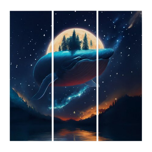 Flying Humpback Whale Moonlight Sea Starry Forests Triptych