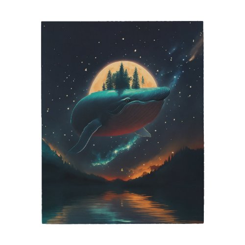 Flying Humpback Whale Moonlight Sea Starry Forests Wood Wall Art