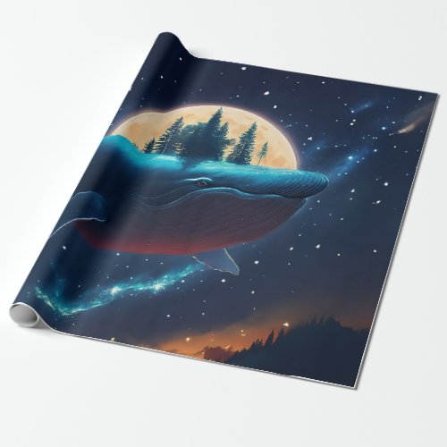 Flying Humpback Whale Moonlight Sea Starry Forests Wrapping Paper
