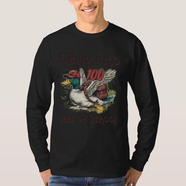 Flying Into 100 Days of School Duck Hunting 100th  T-Shirt (Front)