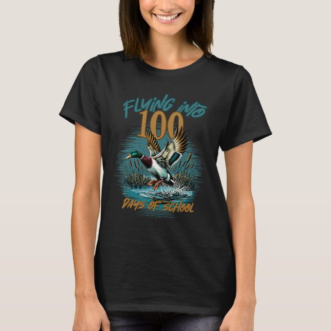 Flying Into 100 Days Of School Duck Hunting 100th  T-Shirt (Front)