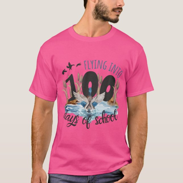 Flying Into 100 Days Of School Duck Hunting 100Th  T-Shirt (Front)