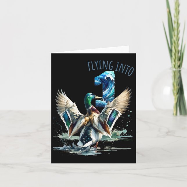 Flying Into 1 Duck Hunting 1st Birthday Party 1 Ye Card (Front)