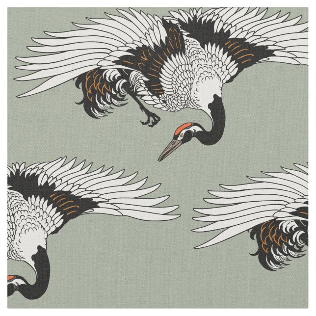 flying Japanese crane bird Fabric (Close Up)