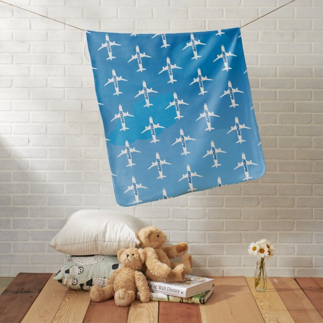 Flying Jumbo Jet Custom Name Baby Blanket (In Situ)