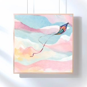 Flying Kite Airy Watercolor Sky Painting Poster