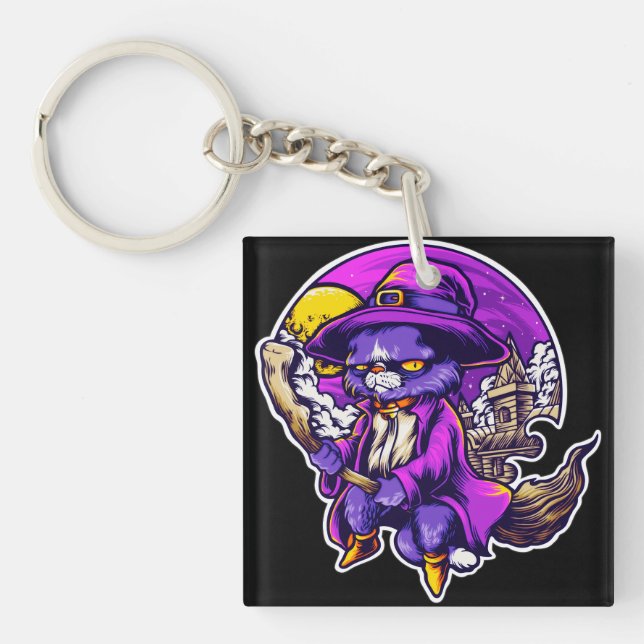 Flying Kitty Cat Witch Illustration Keychain (Front)