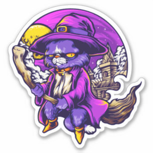 Flying Kitty Cat Witch Illustration Sticker
