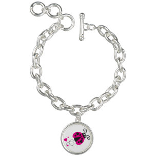 Flying ladybug heart pink black white charm charm bracelet