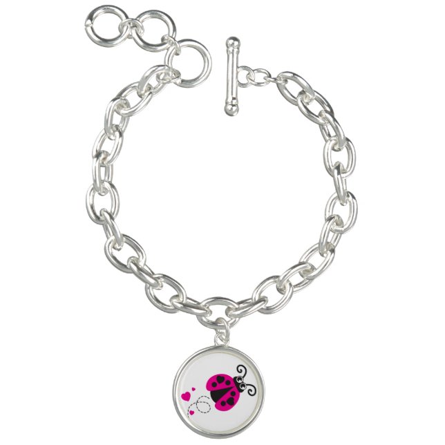 Flying ladybug heart pink black white charm charm bracelet (Product)