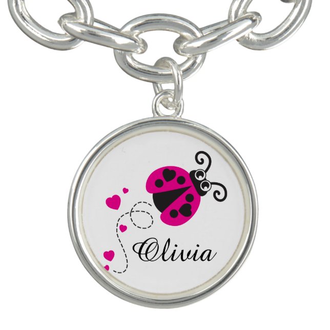 Flying ladybug heart pink black white name charm bracelet (Design)