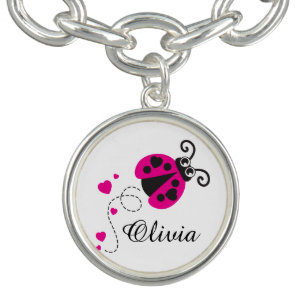 Flying ladybug heart pink black white name charm charm bracelet