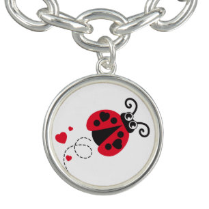 Flying ladybug heart red black white charm bracelet