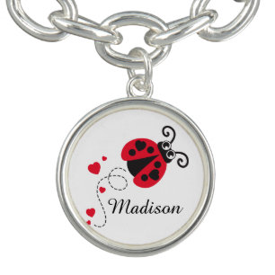 Flying ladybug heart red black white name charm bracelet