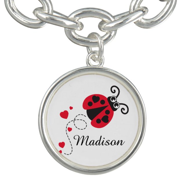 Flying ladybug heart red black white name charm bracelet (Design)