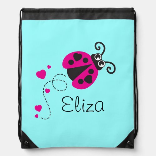 Flying ladybug kids name aqua pink drawstring bag