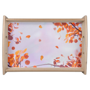 Flying Leaves In Fall Season On Lavender Sky Serving Tray