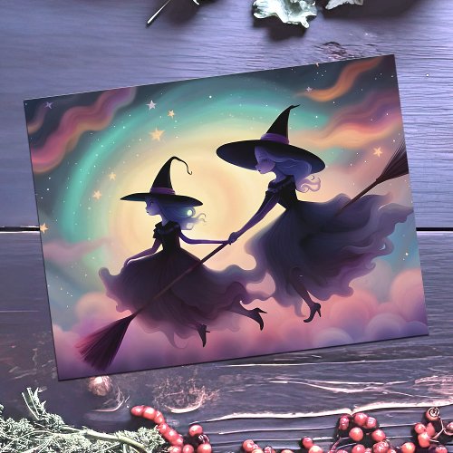 Flying Lessons Halloween Witch Mom  Daughter Pink Holiday Postcard