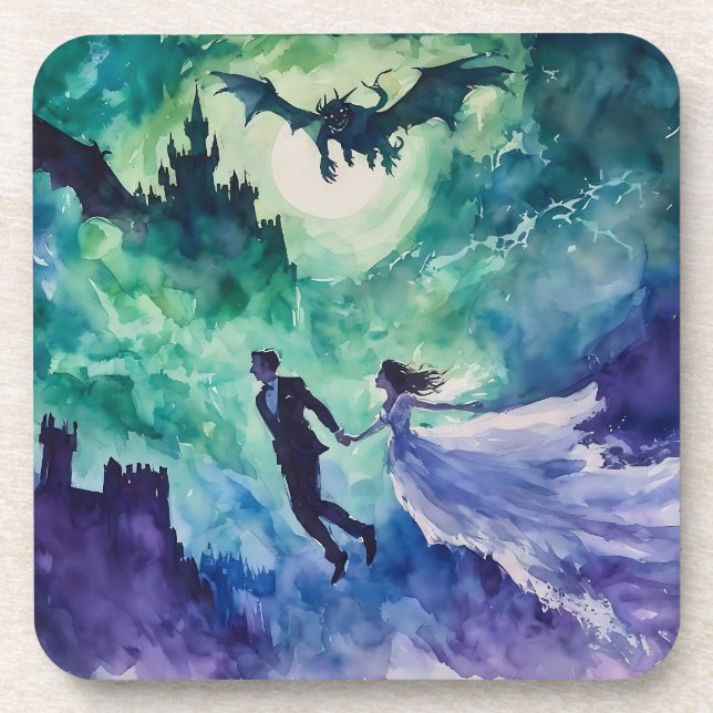 Flying Lovers - Watercolor Painting Beverage Coaster (Front)