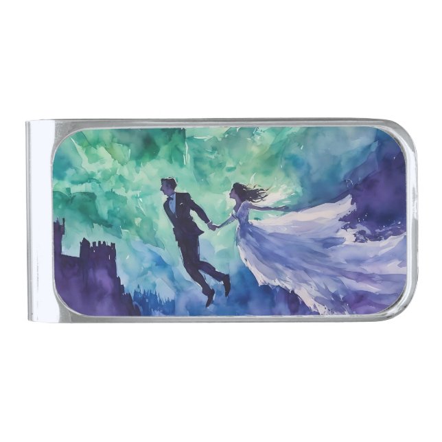 Flying Lovers - Watercolor Painting Silver Finish Money Clip (Front)
