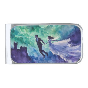 Flying Lovers - Watercolor Painting Silver Finish Money Clip