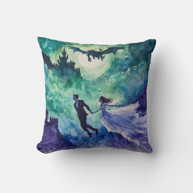 Flying Lovers - Watercolor Painting Throw Pillow (Front)