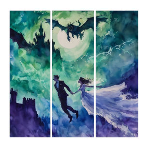 Flying Lovers - Watercolor Painting Triptych