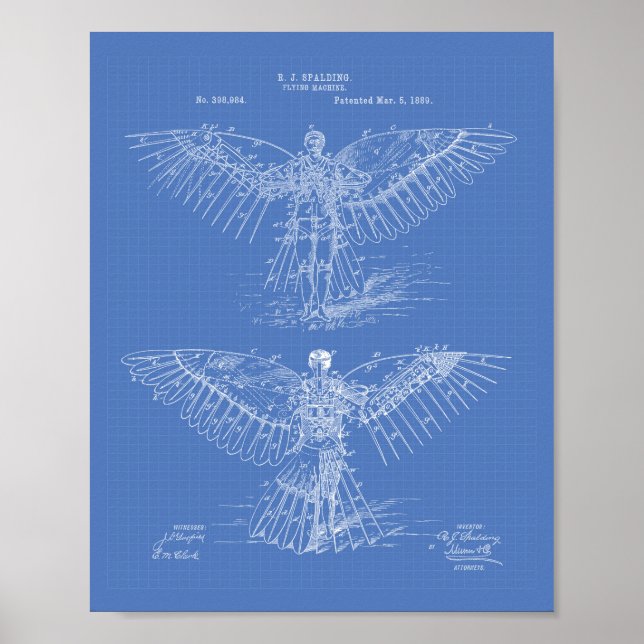 Flying machine 1889 Patent Art - Blueprint Poster (Front)