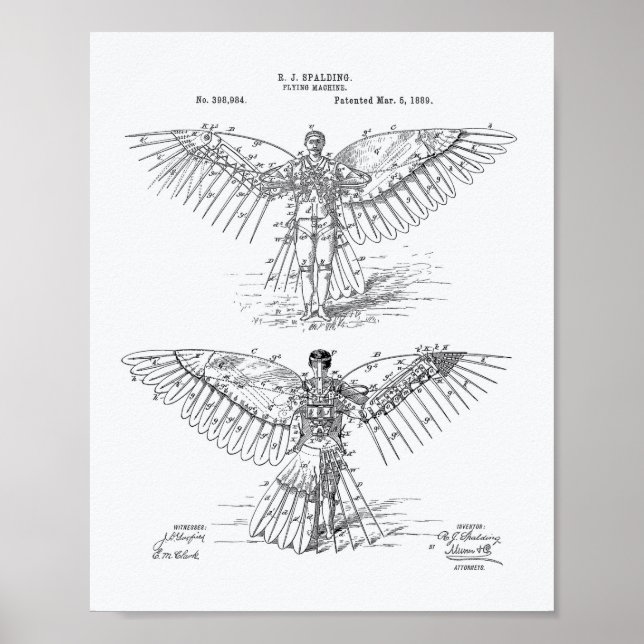 Flying machine 1889 Patent Art - White Paper Poster (Front)