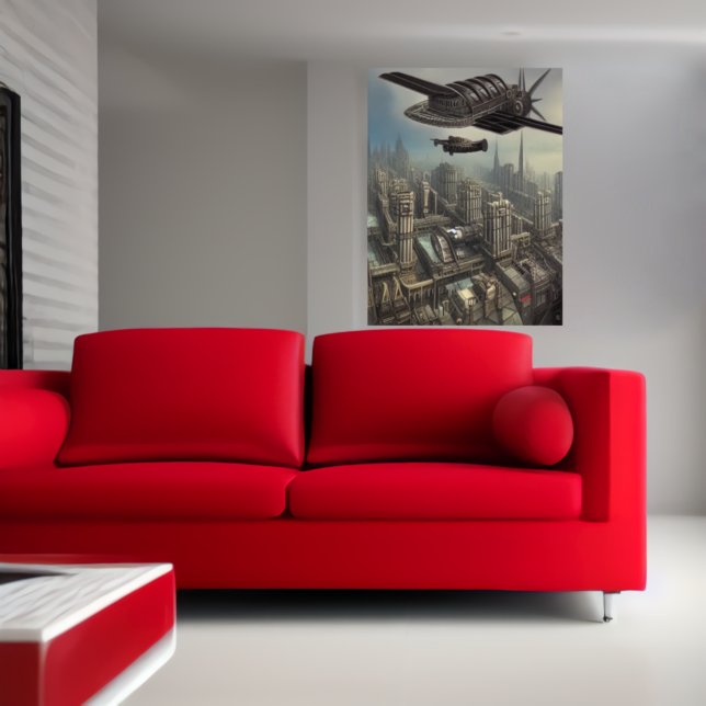 Flying machine over a Dieselpunk ci| AI Art Poster (Creator Uploaded)