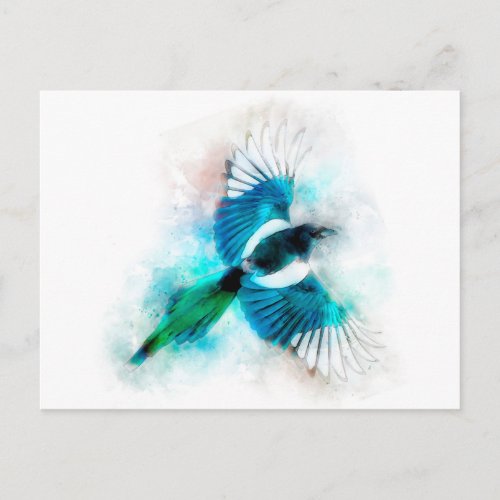 Flying magpie bird watercolor postcard
