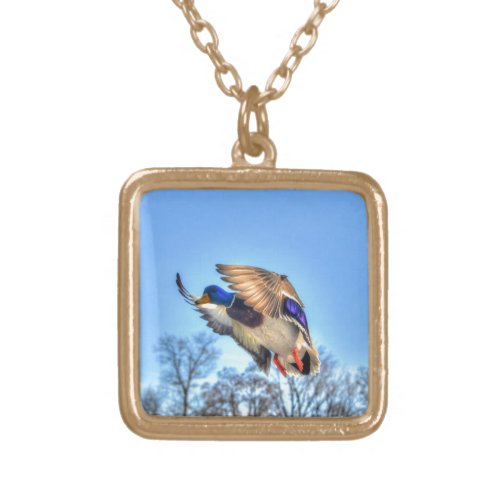 Flying Mallard Duck Drake Wildlife Photo Gold Plated Necklace