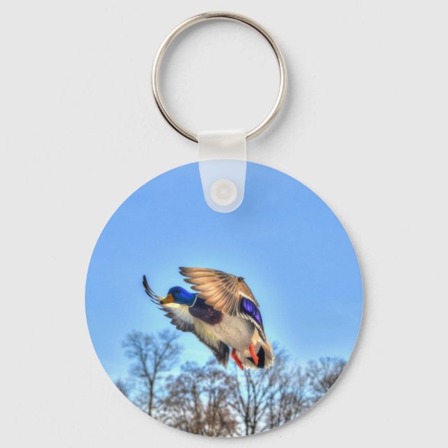Flying Mallard Duck Drake Wildlife Photo Keychain (Front)