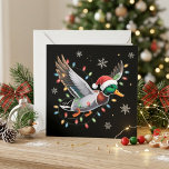 Flying Mallard Duck Santa Hat Christmas Lights Art Holiday Card<br><div class="desc">Flying Mallard Duck Santa Hat Christmas Lights Art features a detailed mallard in flight wearing a Santa hat and surrounded by colorful holiday string lights. The dark background makes the bright seasonal details stand out and gives the design a bold festive look. This artwork blends winter wildlife charm with playful...</div>