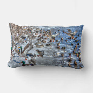 Flying Mallard Ducks & Drake Wildlife Photo Lumbar Pillow