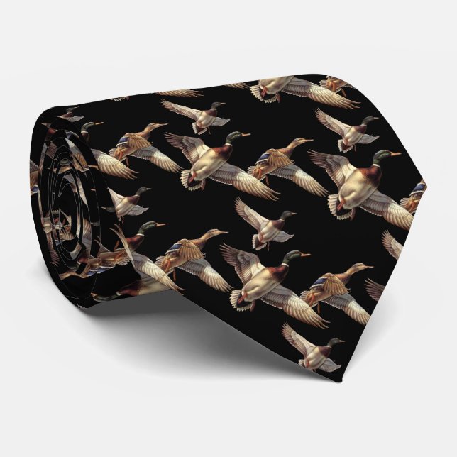 Flying Mallard Ducks On Black Neck Tie (Rolled)