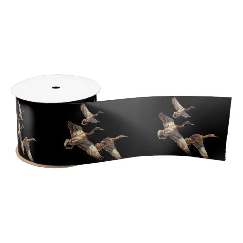 Flying Mallard Ducks On Black Satin Ribbon